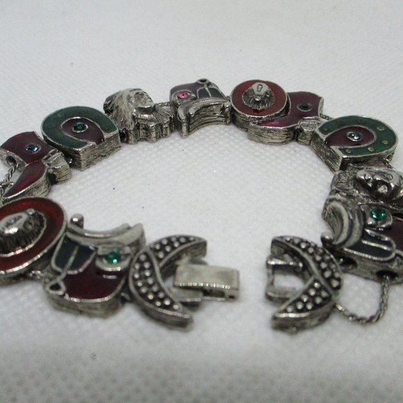 Western Slide Bracelet Rhinestone Enamel Charm Silver Tone Bracelet - Picture 7 of 9
